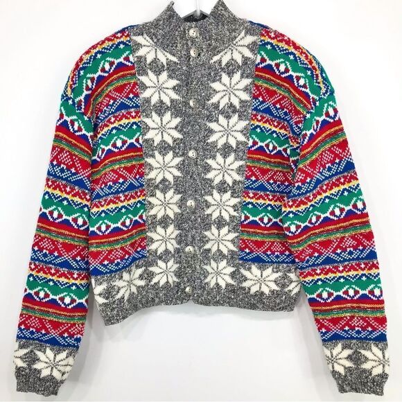 LizWear Gray Colorful Snowflake Nordic Knit Vintage Cardigan Holiday Sweater - Picture 1 of 16